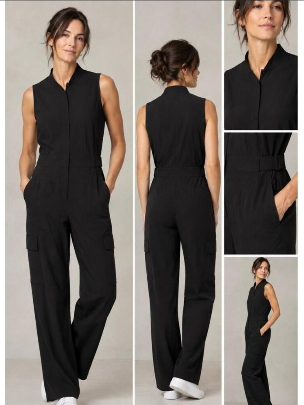 Athleta Black Sleeveless Cargo Utility Jumpsuit Size 12 Wide Leg Cinch Waist